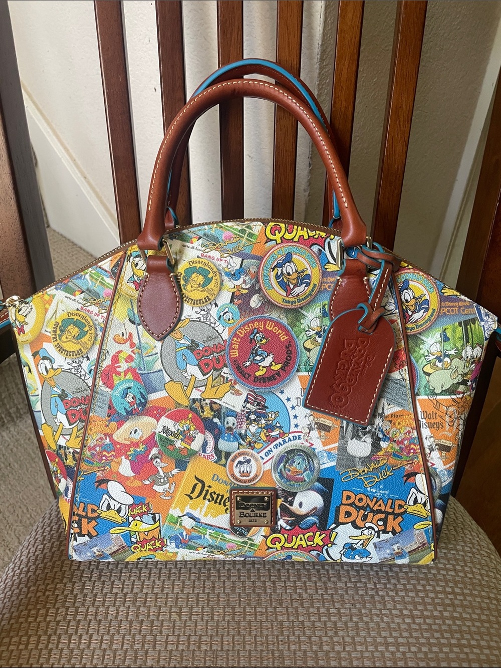 Disney Dooney & Bourke Multicolor Donald Duck Collage Satchel with Brown Trim